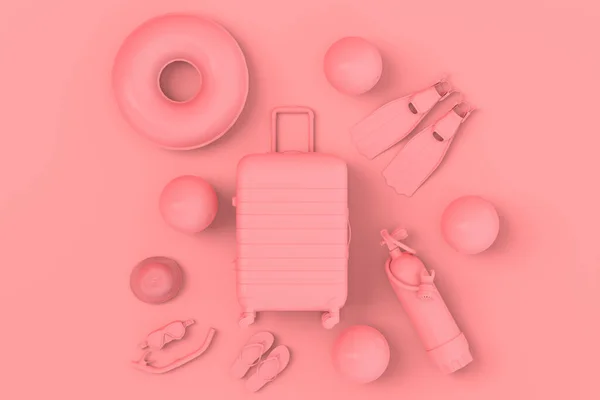 Μονόχρωμη Βαλίτσα Αποσκευή Αξεσουάρ Παραλίας Ροζ Φόντο Καθιστούν Τις Καλοκαιρινές — Φωτογραφία Αρχείου