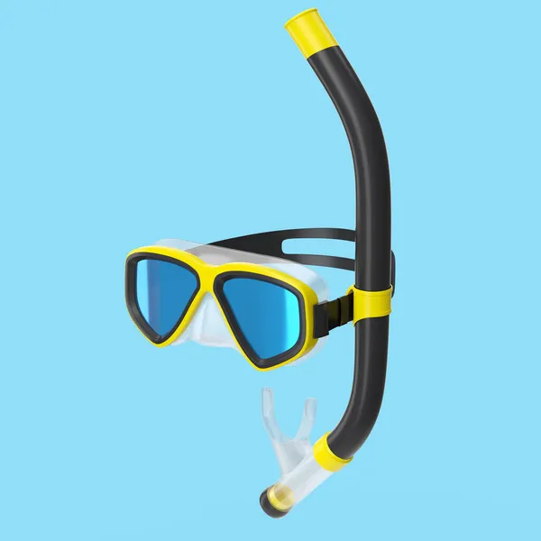 Yellow Diving Mask Snorkel Isolated Blue Background Render Diving Snorkeling — Stock Photo, Image