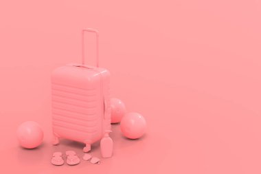 Tek renkli bavul ya da pembe arka planda plaj aksesuarları olan bagaj. Yaz tatili konsepti ve tatillerinin 3 boyutlu canlandırması