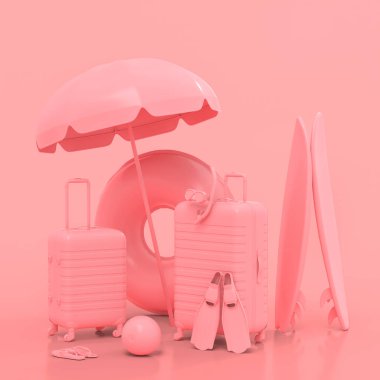 Plaj şemsiyeli bavul ve tek renkli pembe arka planda sörf tahtası. Yaz tatili konsepti ve tatillerinin 3 boyutlu canlandırması