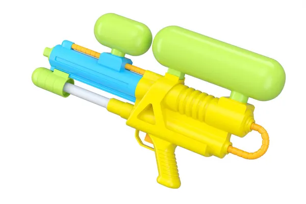 白い背景に隔離されたスイミングプールで遊んだり水をやるためのプラスチック製の水銃のおもちゃ 3Dレンダリング家族の娯楽コンセプトとビーチアクティビティ — ストック写真