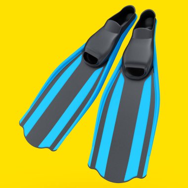 Sarı arka planda mavi yüzgeçliler izole edilmiş. 3D dalış ve şnorkelle yüzme ekipmanı