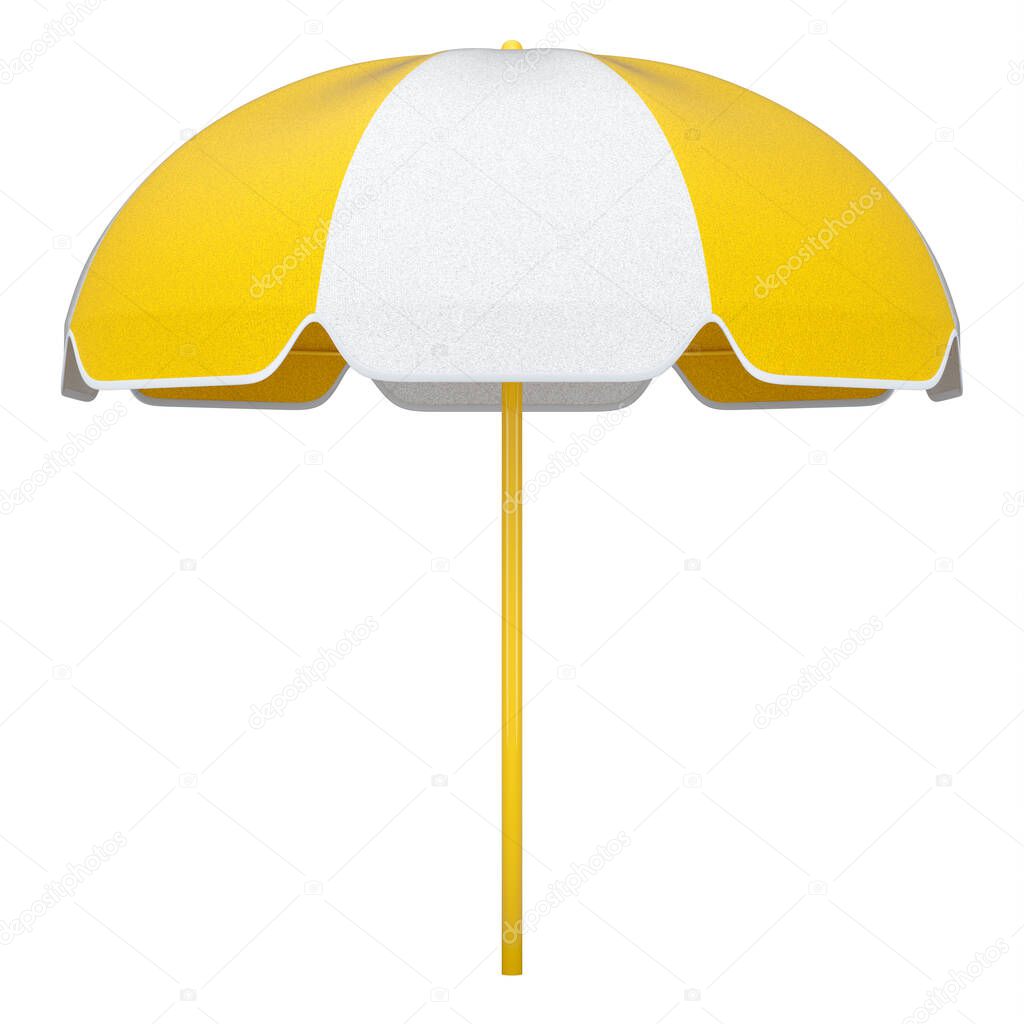 Yellow striped beach umbrella for lounge zone on seashore isolated on white background. 3D rendering concept of vacation travel destination