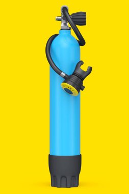 Mavi dalış tankı sarı arka planda izole edilmiş şnorkelle yüzmek için tam oksijen. Yaz tatili için 3D dalış ve spor malzemesi.