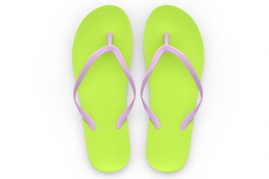 Plaj yeşili terlikler ya da beyaz arka planda izole edilmiş sandaletler. 3D sunum konsepti yaz aile tatili