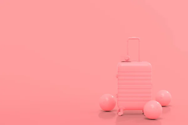 Βαλίτσα Μπάλα Θαλάσσης Και Σαγιονάρες Μονόχρωμο Ροζ Φόντο Καθιστούν Τις — Φωτογραφία Αρχείου