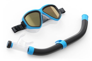 Mavi dalış maskesi ve şnorkel beyaz arka planda izole edilmiş. 3D dalış ve şnorkelle yüzme ekipmanı