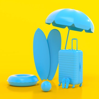 Tek renkli sarı arka planda plaj topu ve sörf tahtası olan bavul. Yaz tatili konsepti ve tatillerinin 3 boyutlu canlandırması