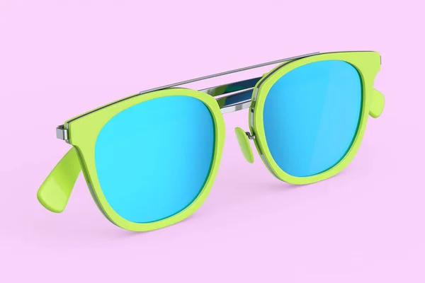 具有渐变透镜和绿色塑料框架的现实太阳镜 夏天用粉色背景 3D使家庭旅行概念和阳光下的眼睛保护 — 图库照片