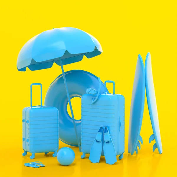 モノクロームの黄色の背景にビーチ傘とサーフボードとスーツケース 夏休みのコンセプトと休日の3Dレンダリング — ストック写真
