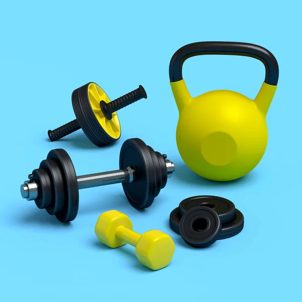 Isometrische Weergave Van Sportuitrusting Zoals Kettlebell Halter Roller Blauwe Achtergrond — Stockfoto