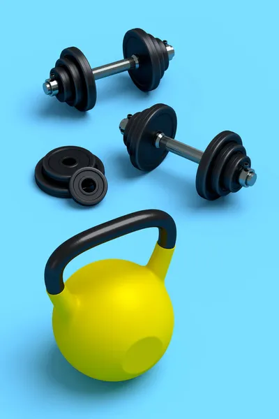 Isometrische Weergave Van Sportuitrusting Zoals Kettlebell Halter Roller Blauwe Achtergrond — Stockfoto