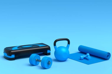 Yoga minderi, dambıl ve mavi arka planda yürüyen ayak gibi spor ekipmanlarının farklı bir görüntüsü var. Güç kaldırma ve zindelik kavramının 3 boyutlu canlandırması