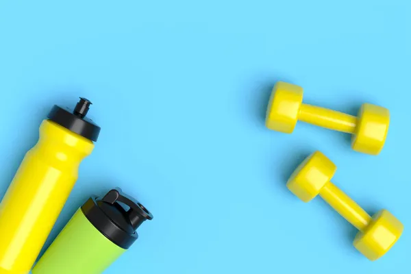 Isometrische Ansicht Von Sportgeräten Wie Wasserflasche Und Hantel Auf Blauem — Stockfoto