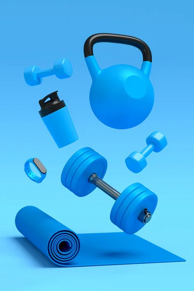 瑜伽垫 哑铃和蓝色背景的智能手表等运动器材的等距视图 3D渲染动力升降概念 — 图库照片