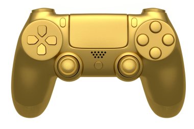 Beyaz arka planda gerçekçi altın oyun joystick 'i. Bulut oyunu veya şampiyon ve kazanan ödülleri konsepti için 3B yayın ekipmanı