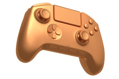 Beyaz arka planda gerçekçi bronz video oyunu joystick 'i. Bulut oyunu veya şampiyon ve kazanan ödülleri konsepti için 3B yayın ekipmanı