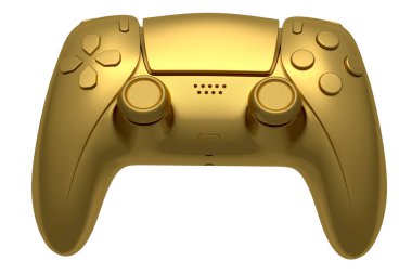 Beyaz arka planda gerçekçi altın oyun joystick 'i. Bulut oyunu veya şampiyon ve kazanan ödülleri konsepti için 3B yayın ekipmanı