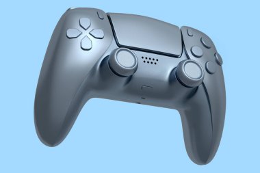 Mavi arka planda gerçekçi gümüş video oyunu joystick 'i. Bulut oyunu veya şampiyon ve kazanan ödülleri konsepti için 3B yayın ekipmanı
