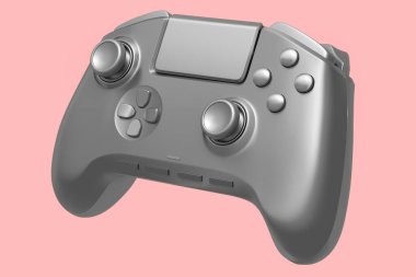 Pembe arka planda gerçekçi gümüş video oyunu joystick 'i. Bulut oyunu veya şampiyon ve kazanan ödülleri konsepti için 3B yayın ekipmanı