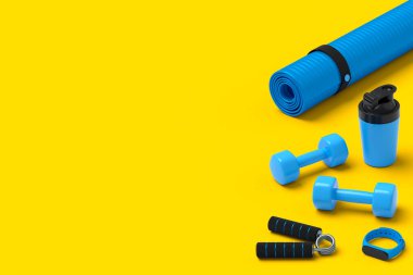 Yoga minderi, dambıl ve sarı arka plandaki akıllı saatler gibi spor malzemelerinin farklı bir görüntüsü. Güç kaldırma ve zindelik kavramının 3 boyutlu canlandırması