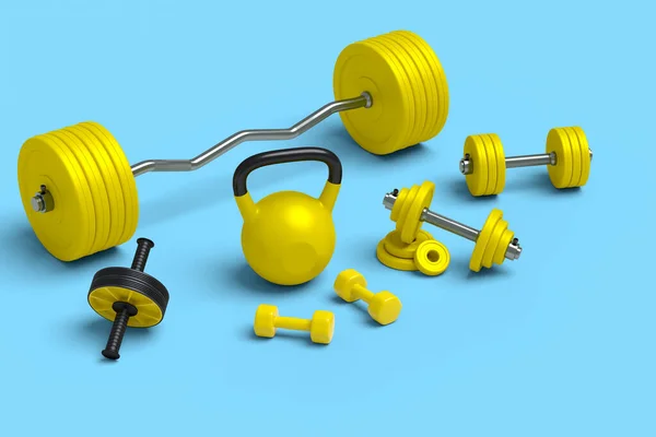 Isometric View Sport Equipment Kettlebell Dumbbell Barbell Roller Blue Background — Stock Photo, Image