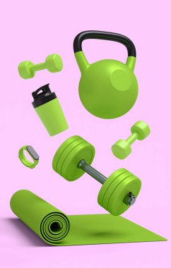 Yoga minderi, dambıl ve pembe arka plandaki akıllı saatler gibi spor malzemelerinin farklı bir görüntüsü. Güç kaldırma ve zindelik kavramının 3 boyutlu canlandırması