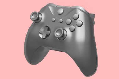Pembe arka planda gerçekçi gümüş video oyunu joystick 'i. Bulut oyunu veya şampiyon ve kazanan ödülleri konsepti için 3B yayın ekipmanı