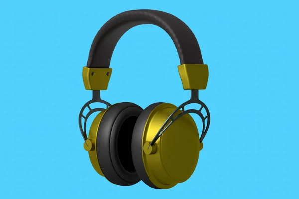 3D rendering of yellow gaming headphones on blue background. Concept of cloud gaming and game streaming services