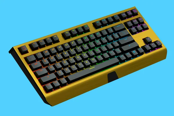 Teclado Computador Amarelo Com Cores Rgb Isolado Fundo Azul Renderização — Fotografia de Stock