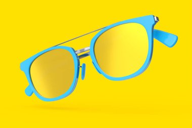 Sarı zemin üzerinde yaz mevsimi için gradyan lens ve mavi plastik çerçeve ile gerçekçi güneş gözlemi. 3D Aile Seyahat Konsepti ve Gözler Güneşe Koruma