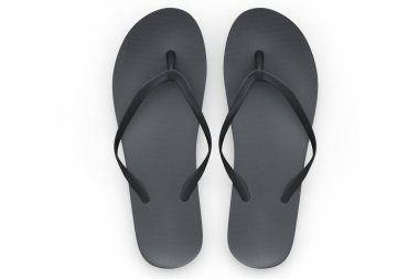 Plaj siyah terlikleri ya da beyaz arka planda izole edilmiş sandaletler. 3D sunum konsepti yaz aile tatili