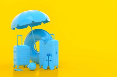 Plaj şemsiyeli bavul ve tek renkli sarı arka planda şişme yüzük. Yaz tatili konsepti ve tatillerinin 3 boyutlu canlandırması