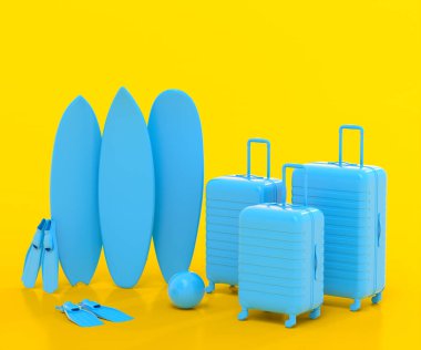 Tek renkli sarı arka planda plaj topu ve sörf tahtası olan bavul. Yaz tatili konsepti ve tatillerinin 3 boyutlu canlandırması