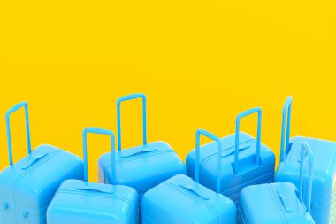 Renkli bavul ya da tek renkli sarı arka planda valiz. Yaz tatili konsepti ve tatillerinin 3 boyutlu canlandırması