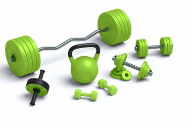 Beyaz arka planda kettlebell, dambıl, halter ve AB silindiri gibi spor ekipmanlarının farklı bir görüntüsü var. Güç kaldırma ve zindelik kavramının 3 boyutlu canlandırması