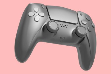 Pembe arka planda gerçekçi gümüş video oyunu joystick 'i. Bulut oyunu veya şampiyon ve kazanan ödülleri konsepti için 3B yayın ekipmanı