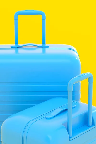 Bunte Koffer Oder Gepäckstücke Auf Monochromgelbem Hintergrund Darstellung Von Sommerferienkonzept — Stockfoto