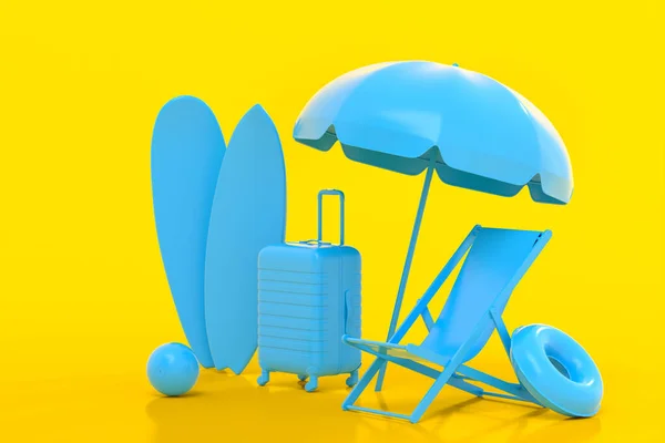 モノクロームの黄色の背景にビーチチェアとサーフボード付きのスーツケース 夏休みのコンセプトと休日の3Dレンダリング — ストック写真