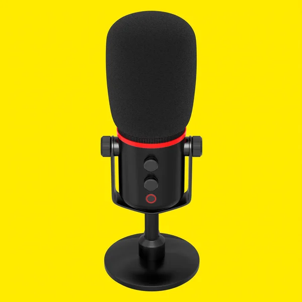 Rendering Eines Schwarzen Studio Kondensatormikrofons Isoliert Auf Gelbem Hintergrund Konzept — Stockfoto