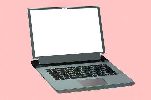 ピンクの背景に隔離されたRgbライトと現代の銀ゲームラップトップの3Dレンダリング コンピュータゲームとクラウドゲームの概念 — ストック写真