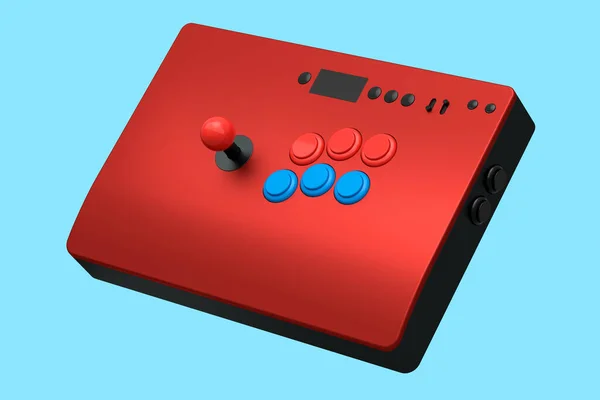 青の背景に隔離されたジョイスティックとトーナメントグレードのボタンを備えたヴィンテージレッドのアーケードスティック ゲーム機とゲーマーのワークスペースの概念の3Dレンダリング — ストック写真