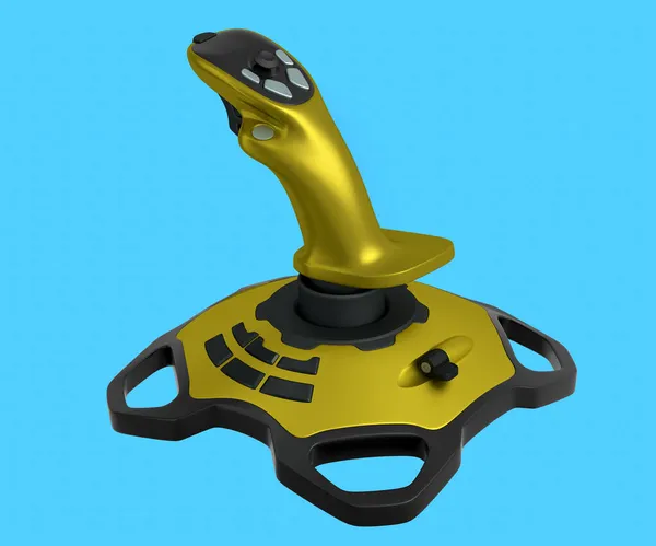 Realistic Yellow Joystick Flight Simulator Isolated Blue Background Rendering Streaming — Stock Photo, Image