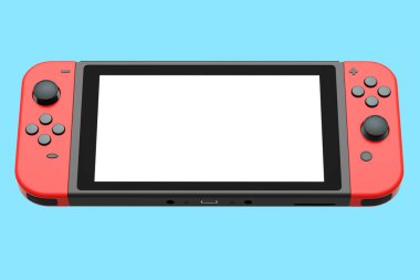 Mavi arka planda cep telefonuna bağlı gerçekçi video oyun kontrolörleri. Çevrimiçi oyun için akıllı telefon için 3B oyun alanı oluşturma