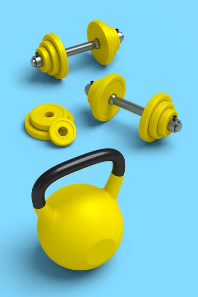 Isometrische Weergave Van Sportuitrusting Zoals Kettlebell Halter Roller Blauwe Achtergrond — Stockfoto