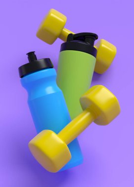 Su şişesi ve menekşe üzerine dambıl gibi spor aletlerinin farklı bir görüntüsü var.