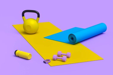 Yoga minderi, şişe ve menekşe üzerine dambıl gibi spor malzemelerinin farklı bir görüntüsü.