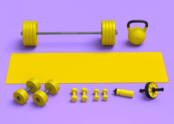 Isometrisk syn på sportutrustning som kettlebell hantel och skivstång på violett — Stockfoto