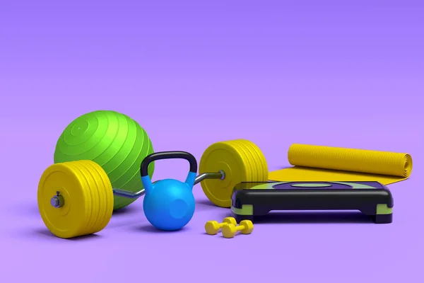 紫罗兰水壶、哑铃、杠铃等运动器材的等距视图 — 图库照片