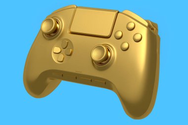 Mavi arka planda gerçekçi altın oyun joystick 'i. Kazanan ödülleri kavramı